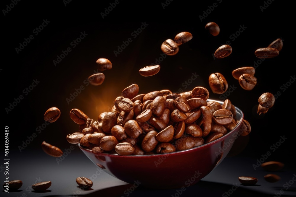 Close-up of Flying coffee beans on dark background. Generative ai