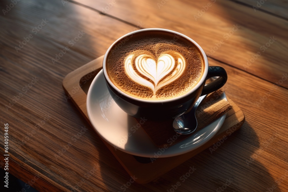 Coffee cup with heart shape latte art on wood tab. Generative ai