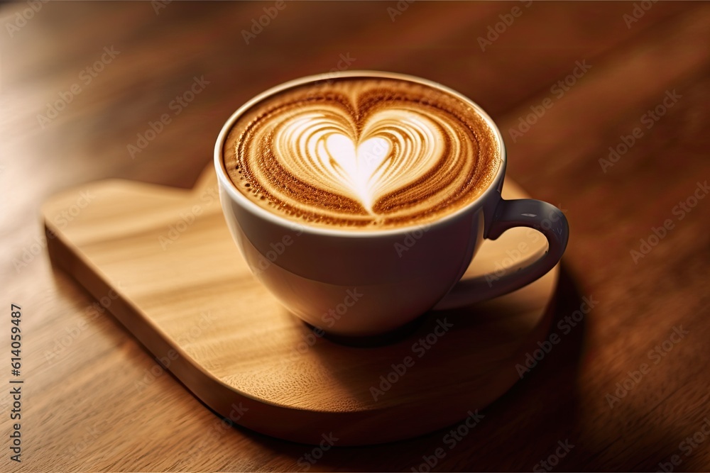 Coffee cup with heart shape latte art on wood tab. Generative ai