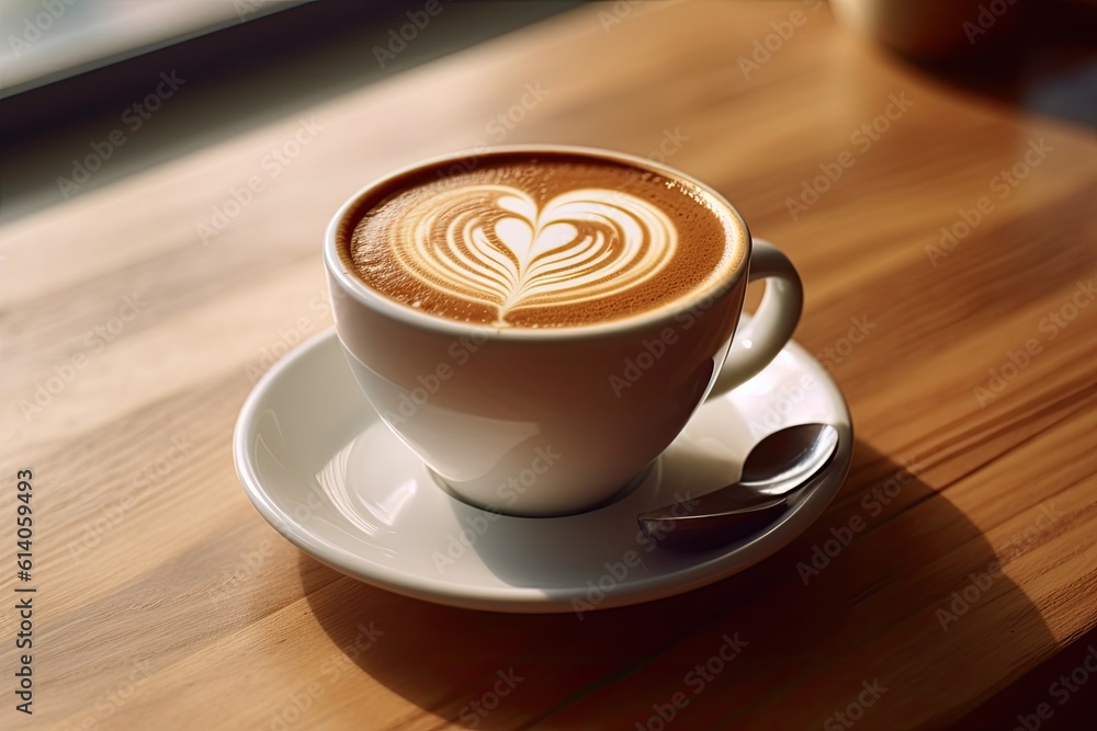 Coffee cup with heart shape latte art on wood tab. Generative ai