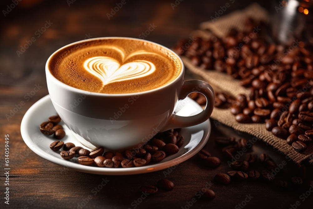 Cup of coffee latte with heart shape and coffee beans on old wooden background. Generative ai