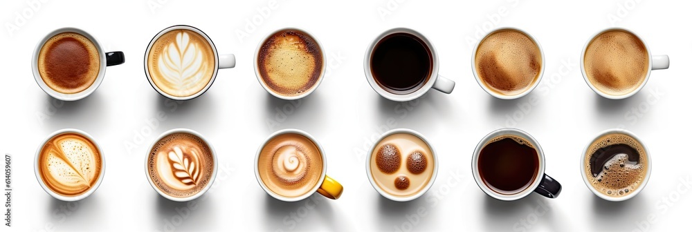 Top view, Set of paper take away cups of different black coffee isolated on white background. Genera