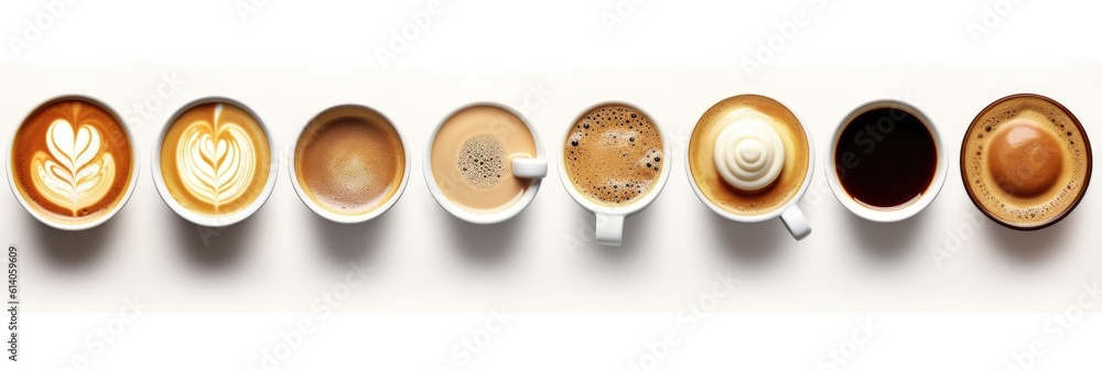 Top view, Set of paper take away cups of different black coffee isolated on white background. Genera