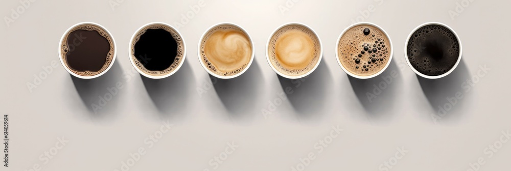 Top view, Set of paper take away cups of different black coffee isolated on white background. Genera