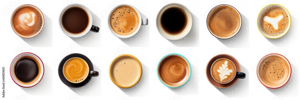 Top view, Set of paper take away cups of different black coffee isolated on white background. Genera