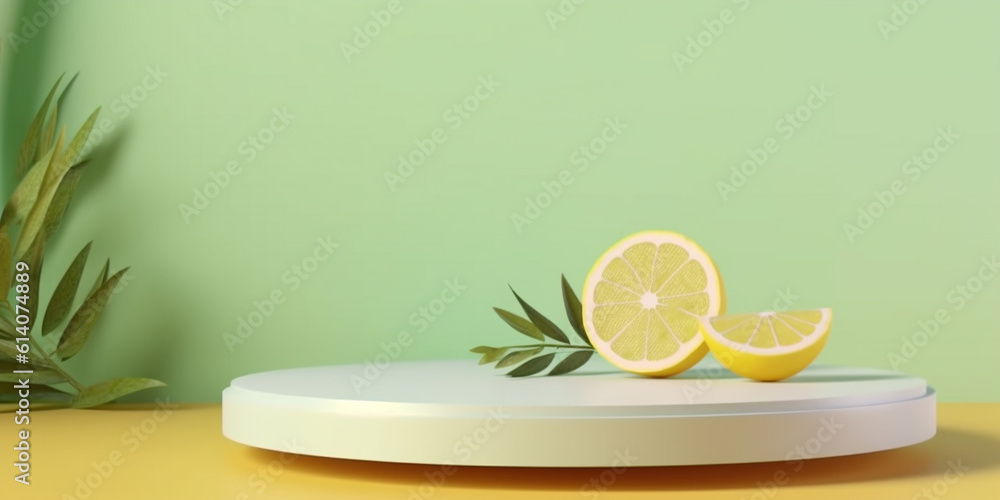 Refreshing sliced lemon and leaves on display podium with yellow and green background Template. Crea