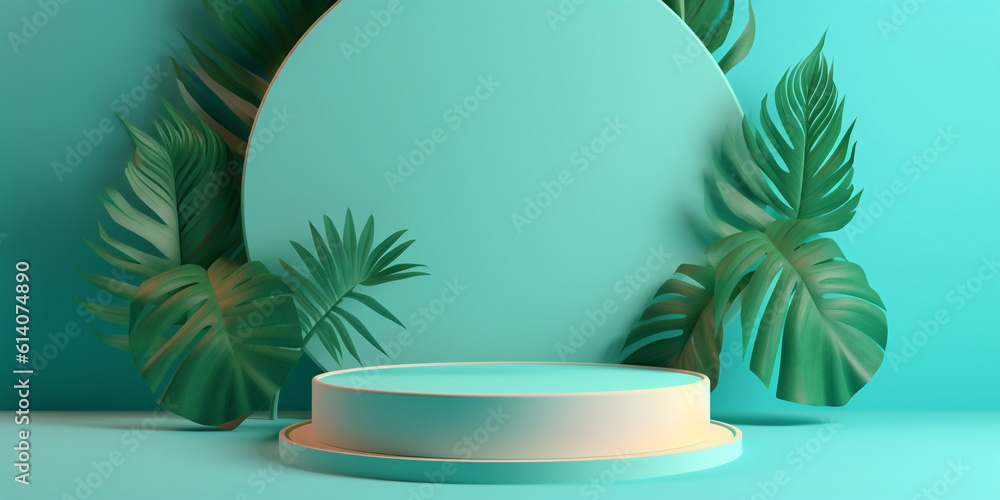 Minimalist display podium with mint green leaves and round plate decor background Template. Created 