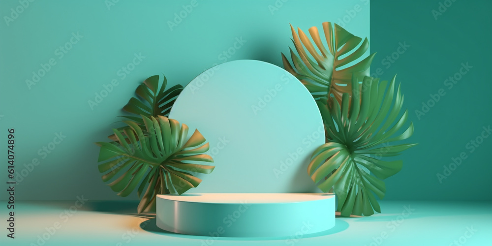 Minimalist display podium with mint green leaves and round plate decor background Template. Created 