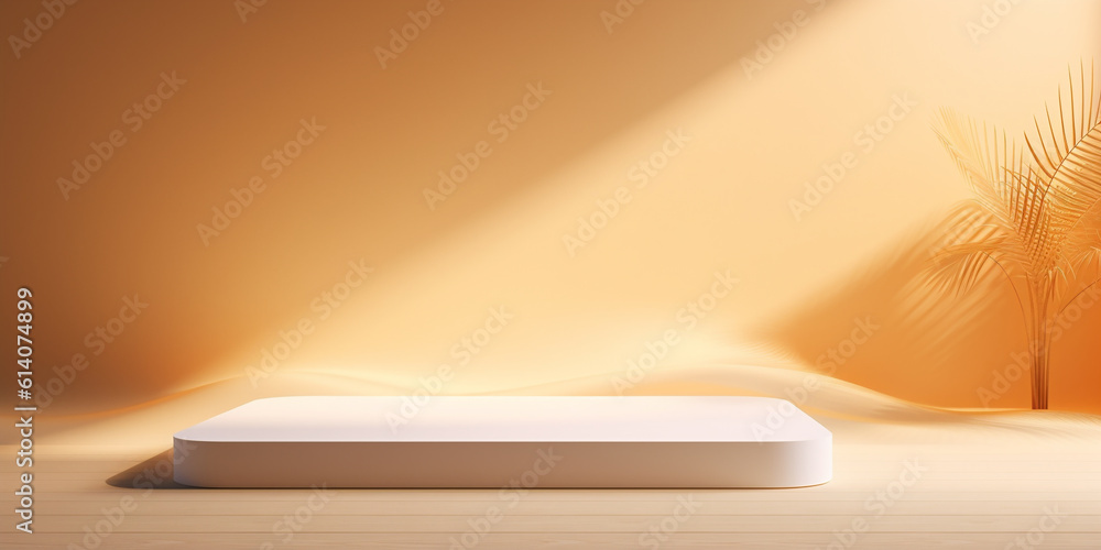 Sunlight falls on white podium with orange wavy textile form and plant at the corner. Background tem