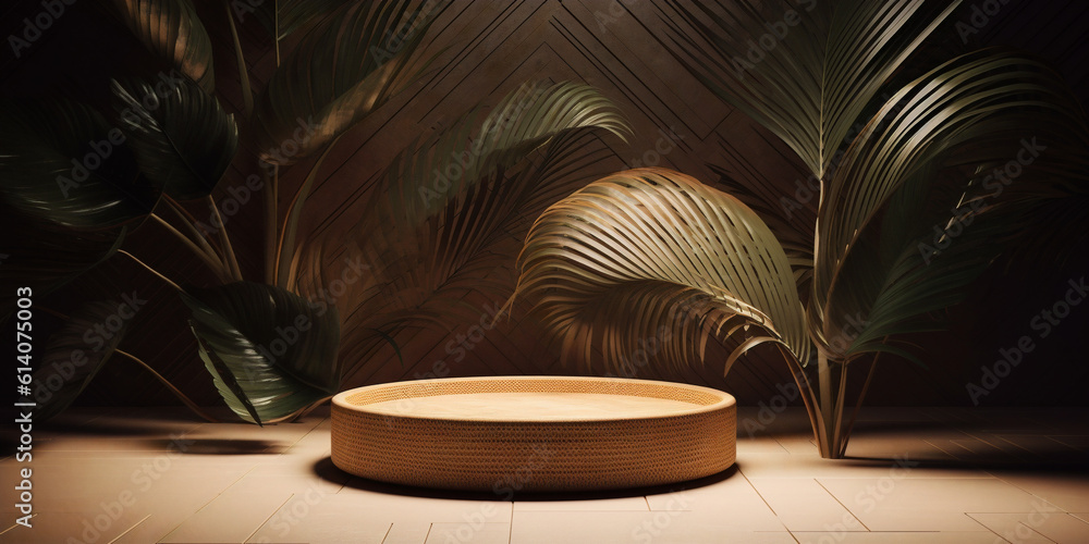 Wooden podium with tropical leaves decor background template. Created with Generative AI technology