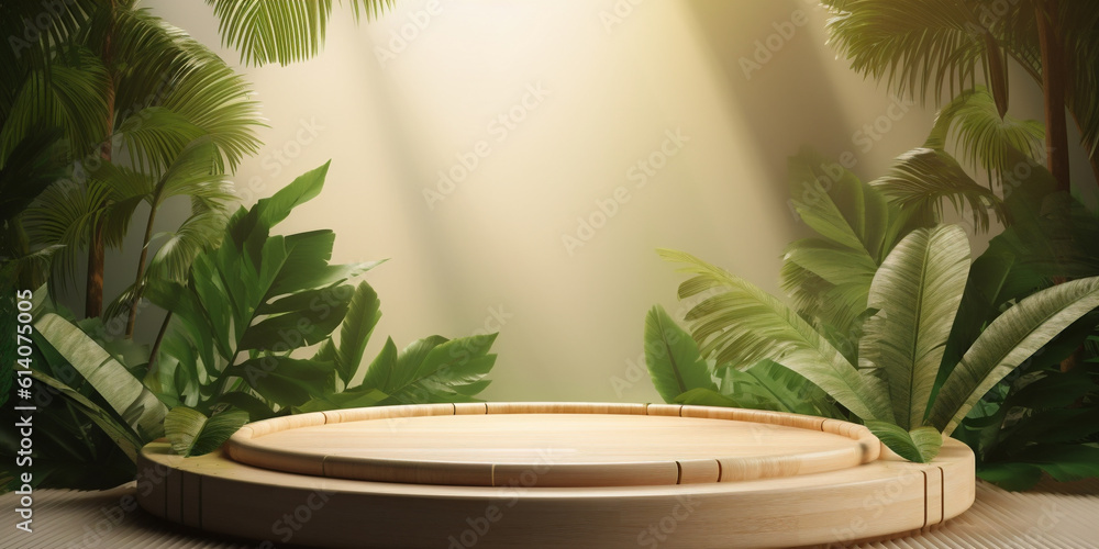 Wooden podium with tropical trees and misty fog background template. Created with Generative AI tech