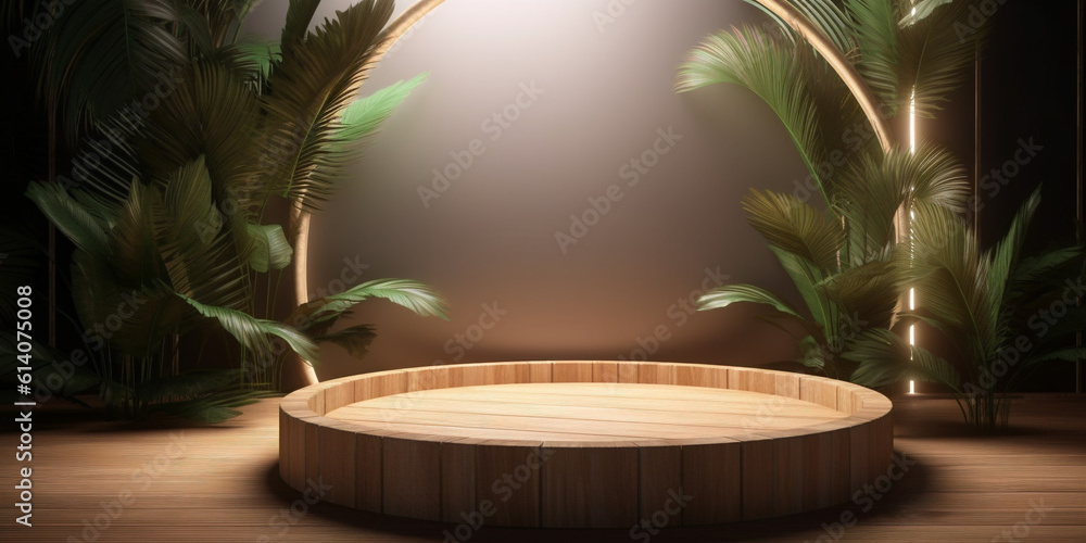 Wooden podium decorated with tropical leaves background template. Created with Generative AI technol