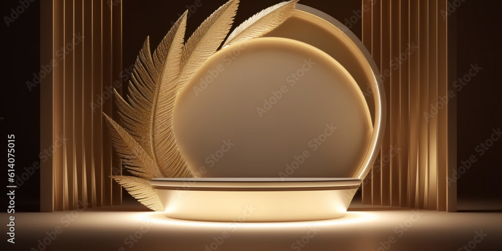 Classy glowing podium with round beige backdrop and tropical leaves decor. Background template. Crea