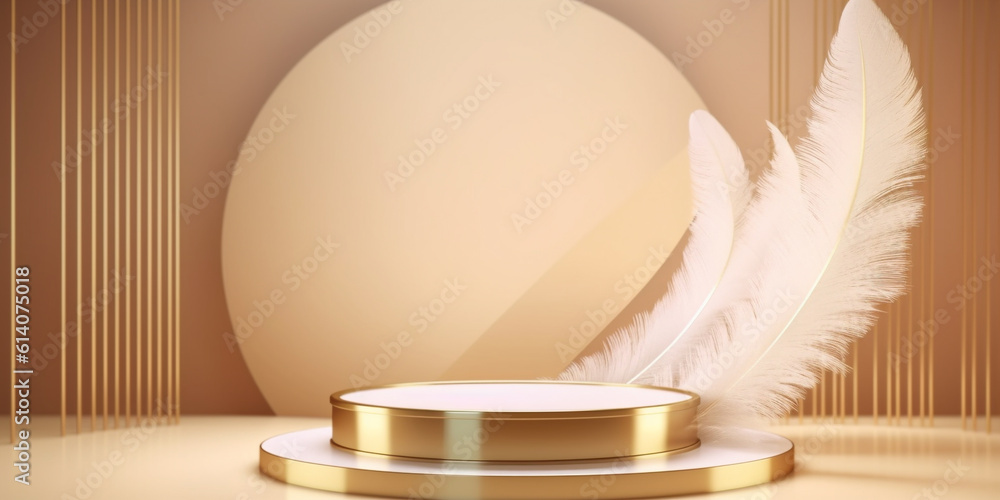 Gold podium with giant white feathers decor and beige round plates background template. Created with