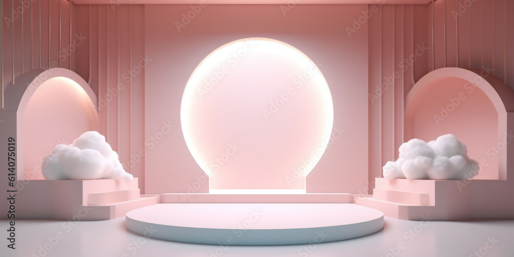 Dreamy podium scene with glowing arc door and fluffy cotton decor on staircase . Pink gradient backg