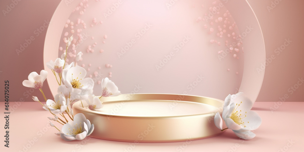 Gold podium with pink flower and arc door decor. Romantic background template. Created with Generati