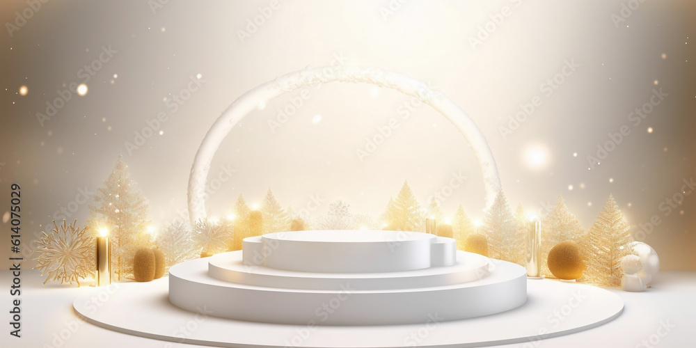 White stair step podium with glowing arc door and gold winter decor. Christmas holiday background te