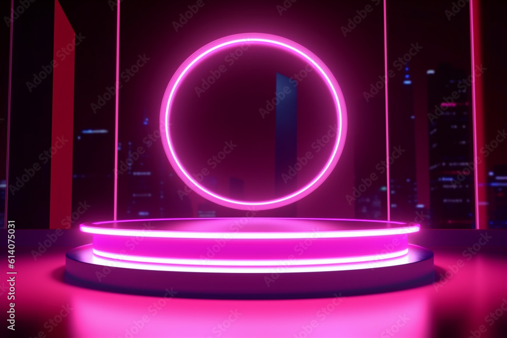 Pink neon light podium and circle decor with night city view backdrop. Cyberpunk style background te