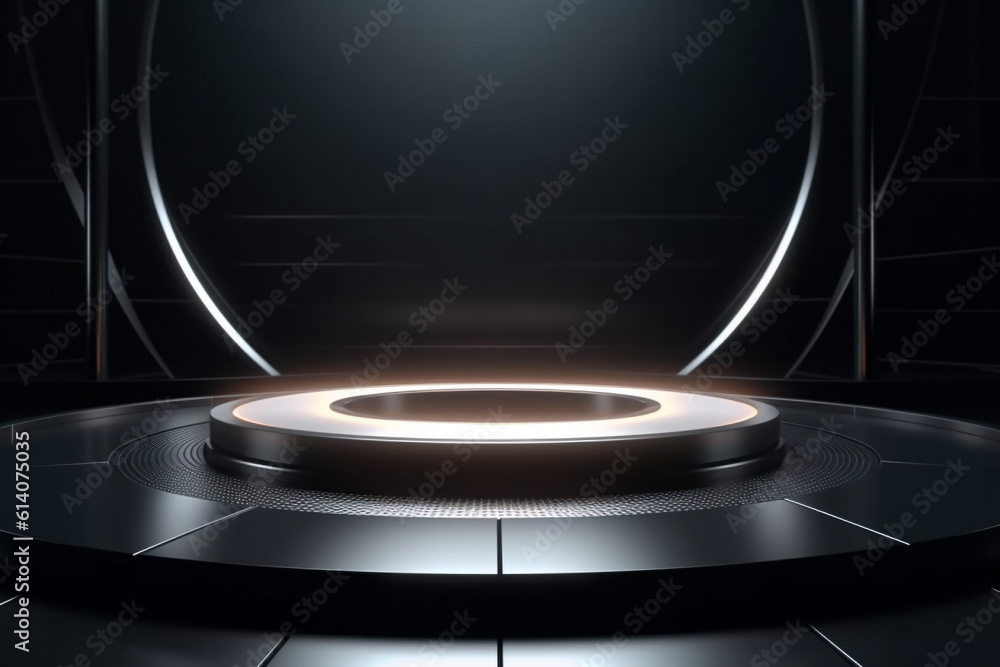 Glowing round podium with black titanium indoor setting. Sci fi futuristic background template. Crea