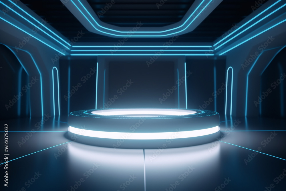 Glowing podium with blue neon lights decor in dark room. Futuristic background template. Created wit