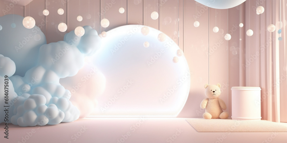 Glowing round backdrop with light blue cloud, hanging white ball ornaments and teddy bear decor. Dre