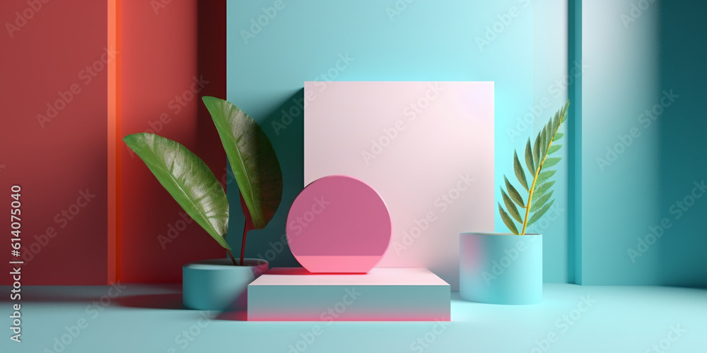 Red and cyan geometric shape podium with tropical leaves decor. Contrast color background template. 