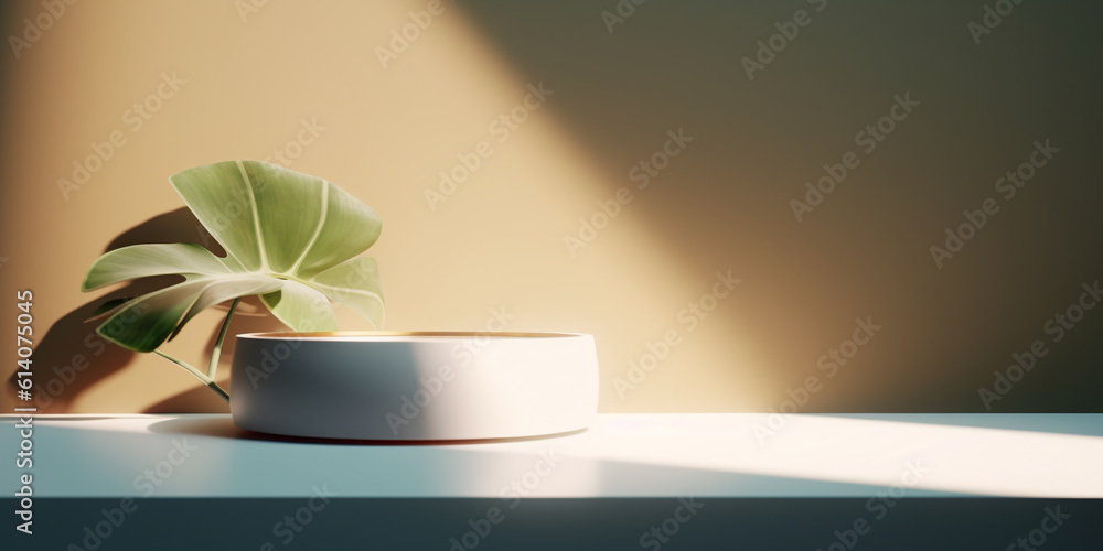 Serene sunlight indoor scene with monstera leaf and ceramic podium on white table background templat