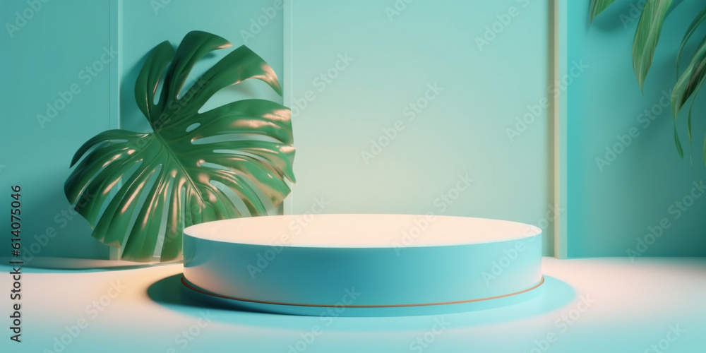 Cyan minimalist display podium with monstera leaves decor background templates. Created with Generat