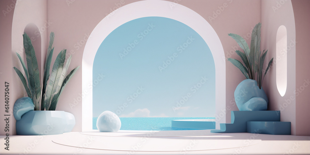 Panoramic view of ocean through arc door background templates. Serene seaside room with rocks and le