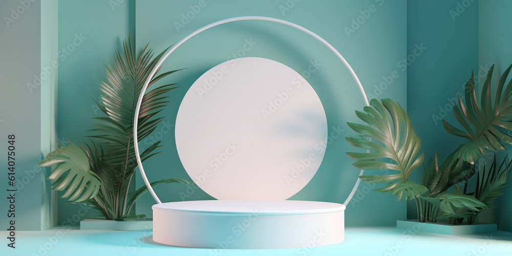 Circle decor on white podium with tropical leaves decor around cyan background templates. Created wi