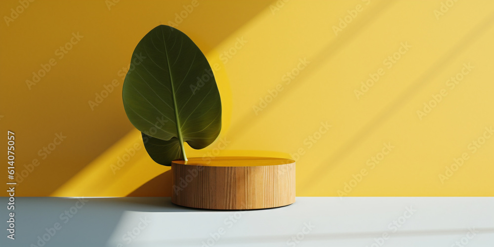 Tropical leaf decor on wooden display podium. Sunlight and bright yellow background templates. Creat