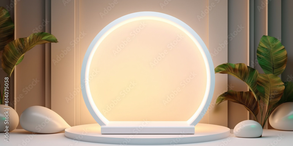 Glowing arc door decor on white podium surrounded by glossy cobble rocks and palm leaves background 