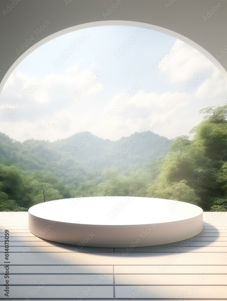 Serene indoor scene with white podium on hard wood floor and panoramic view of forest and mountains 