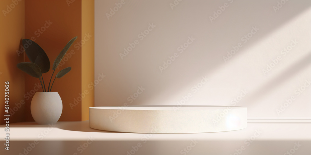 Serene indoor scene with white podium and houseplant beside orange wall. Background template. Create