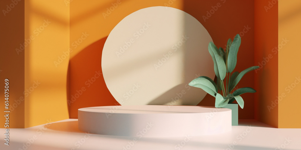 Round disk lean on vibrant orange wall. White podium and green houseplant decoration background temp