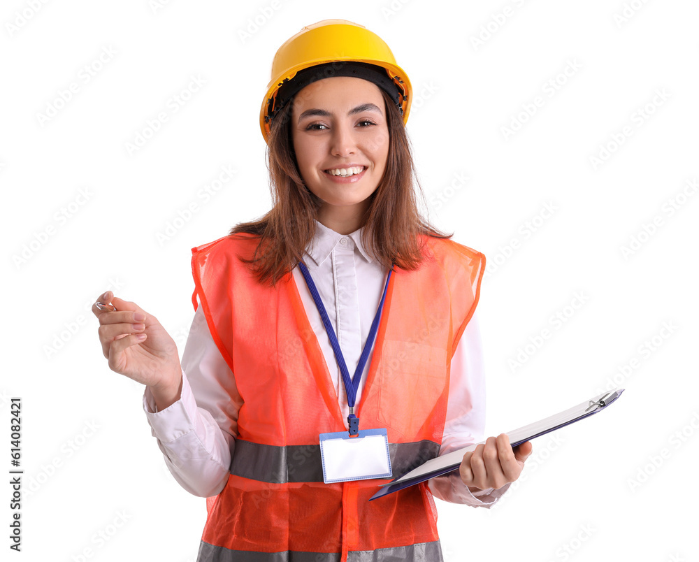 Female engineer with clipboard on white background