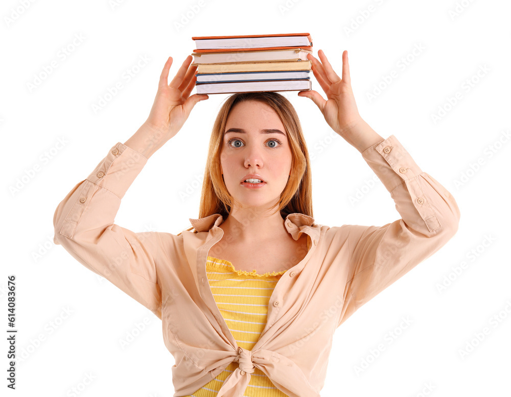 Young woman with books on white background. Balance concept