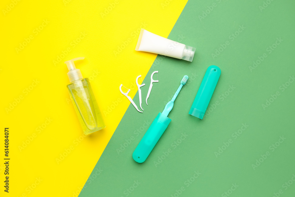 Set for oral hygiene on yellow and green background