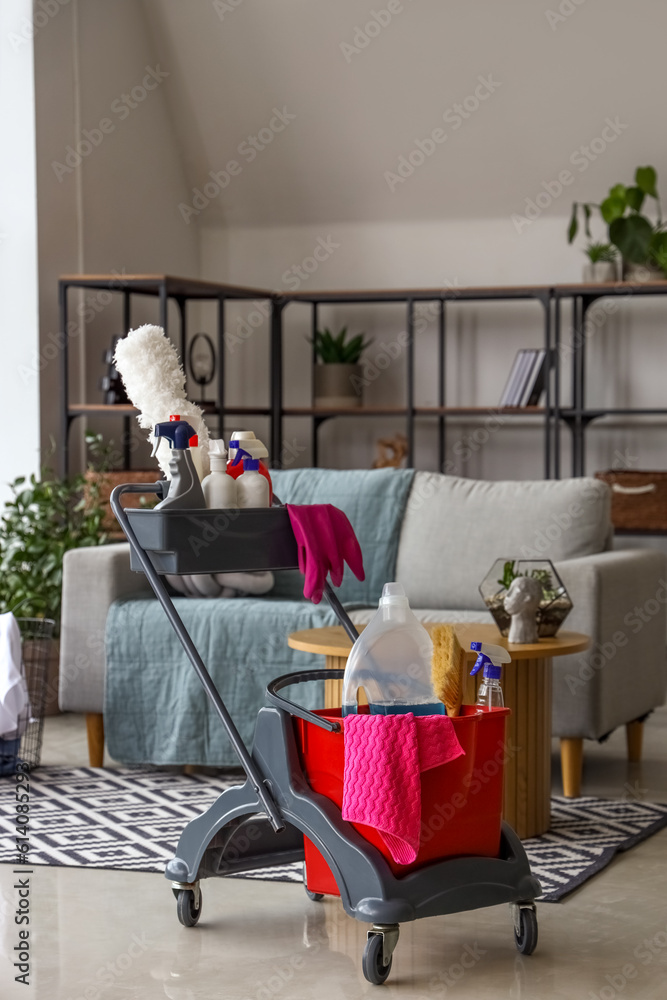 Trolley with cleaning supplies in interior of living room