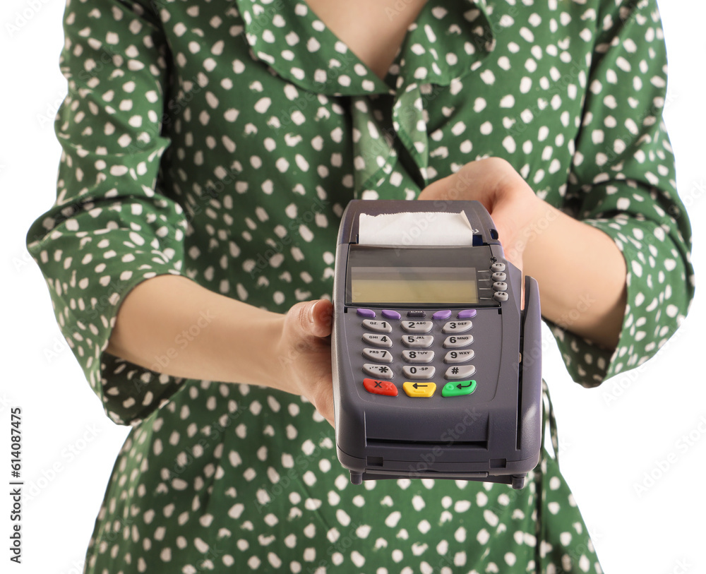 Female seller with payment terminal on white background, closeup