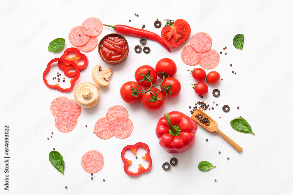 Fresh ingredients for preparing pizza on white background