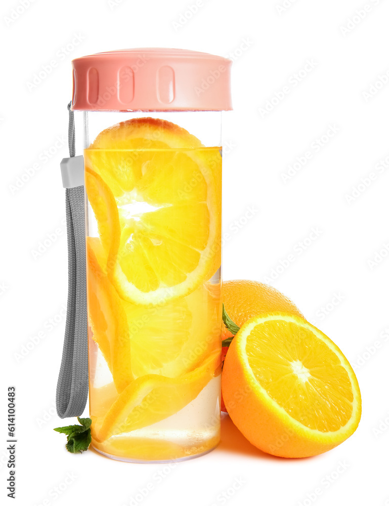 Sports bottle of infused water with orange slices on white background