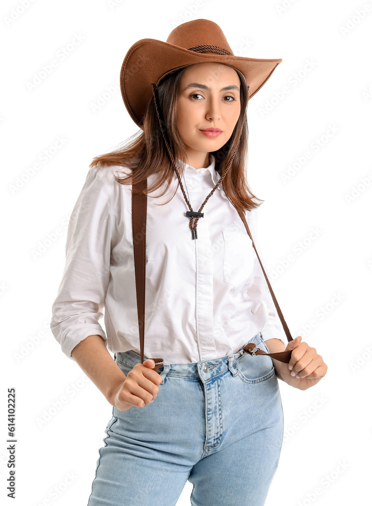 Beautiful cowgirl on white background