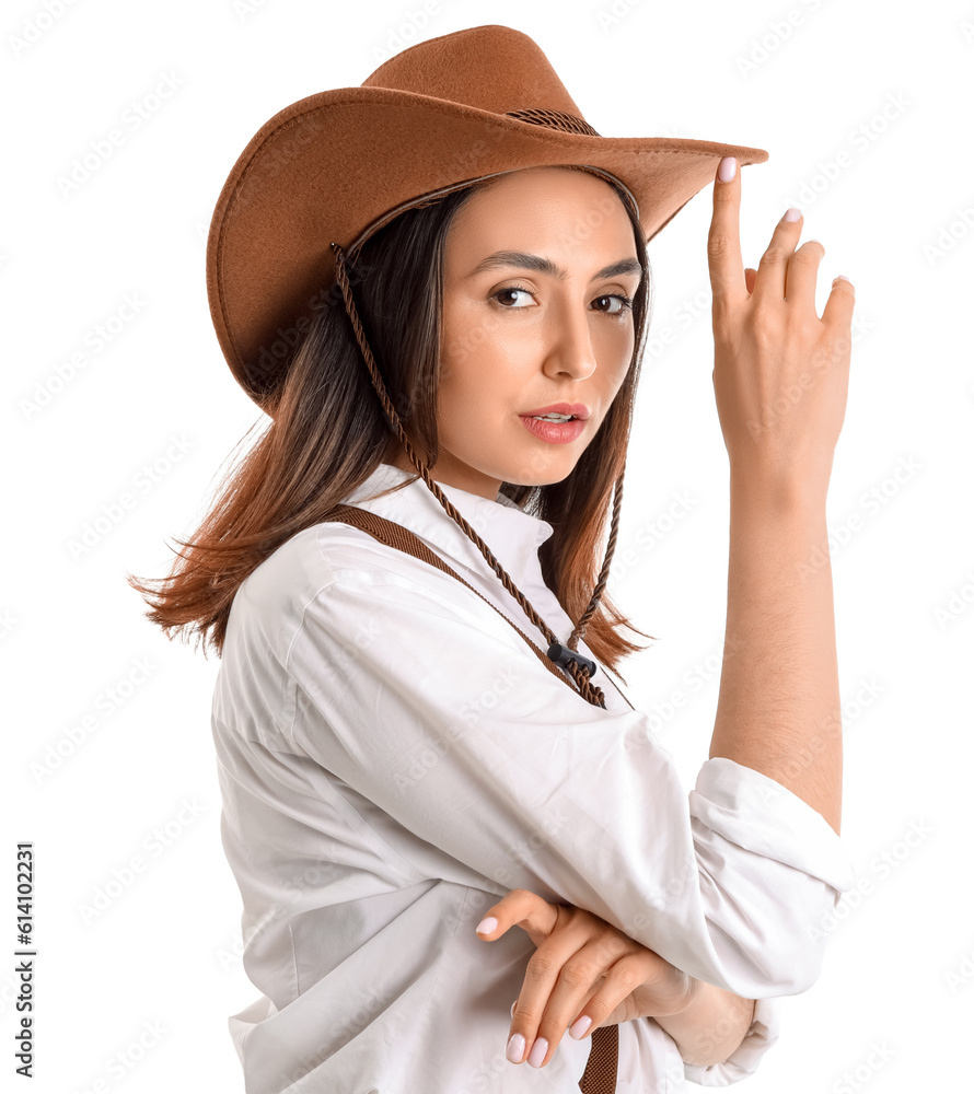 Beautiful cowgirl on white background