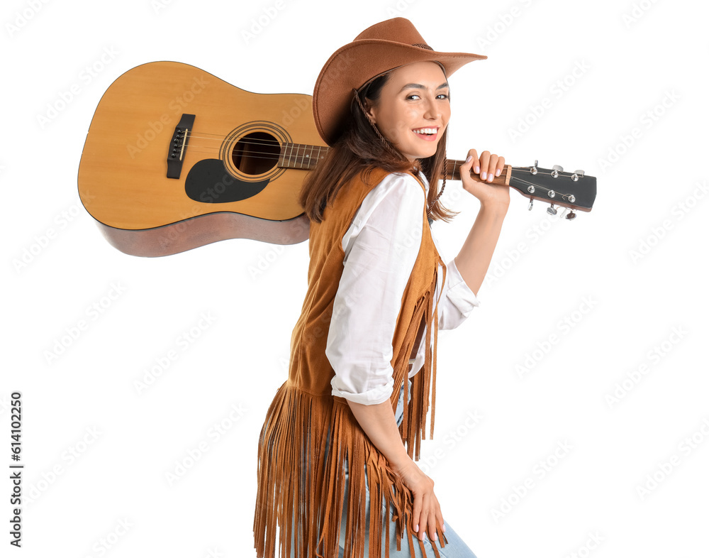 Beautiful cowgirl with guitar on white background