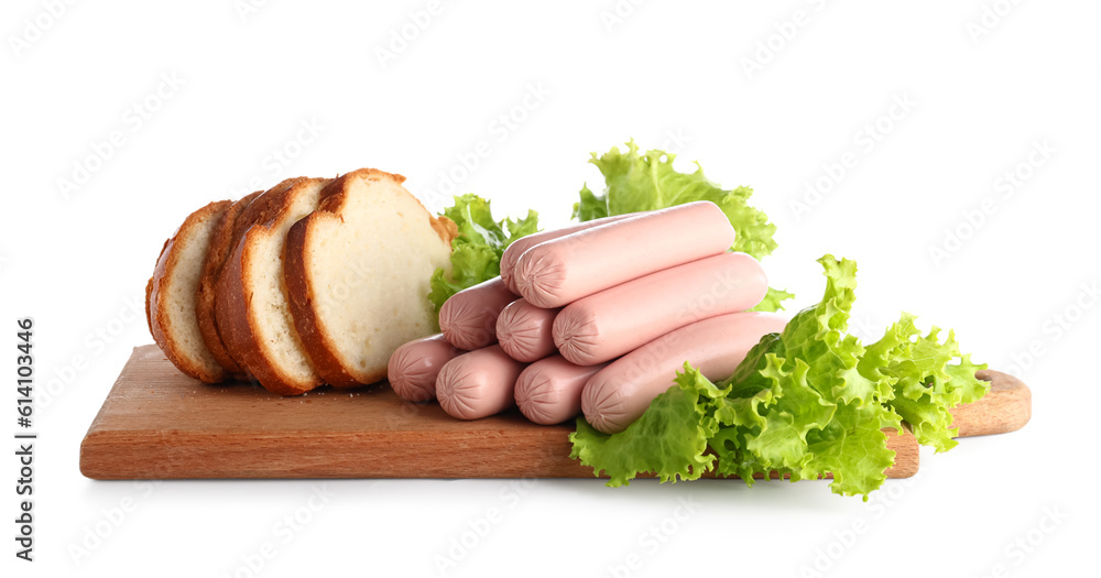 Board with tasty thin sausages and lettuce on white background