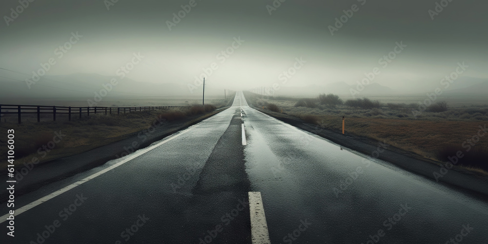 Minimalistic wet road and rain. Wet empty highway. Generative AI