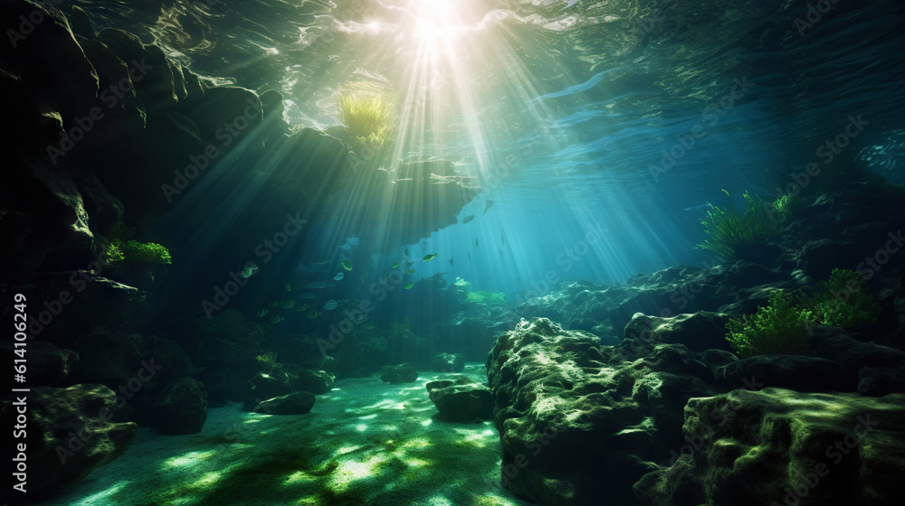 Underwater sunlight through the water surface seen from a rocky seabed with algae. Generative AI