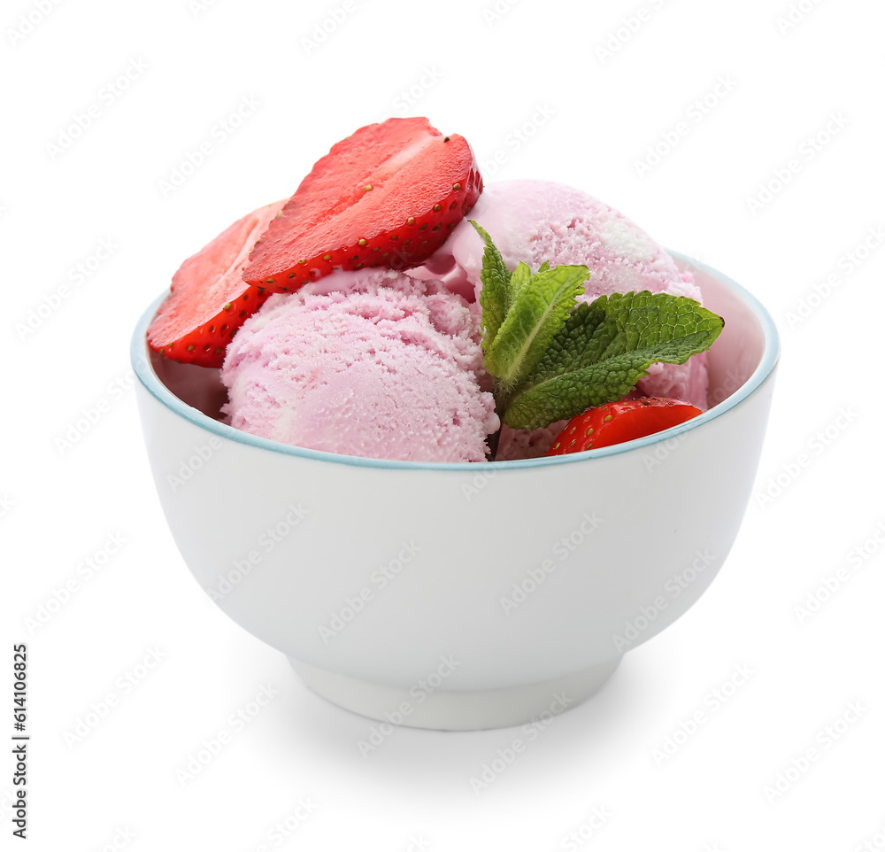 Bowl of delicious ice cream scoops with fresh strawberries and mint isolated on white background