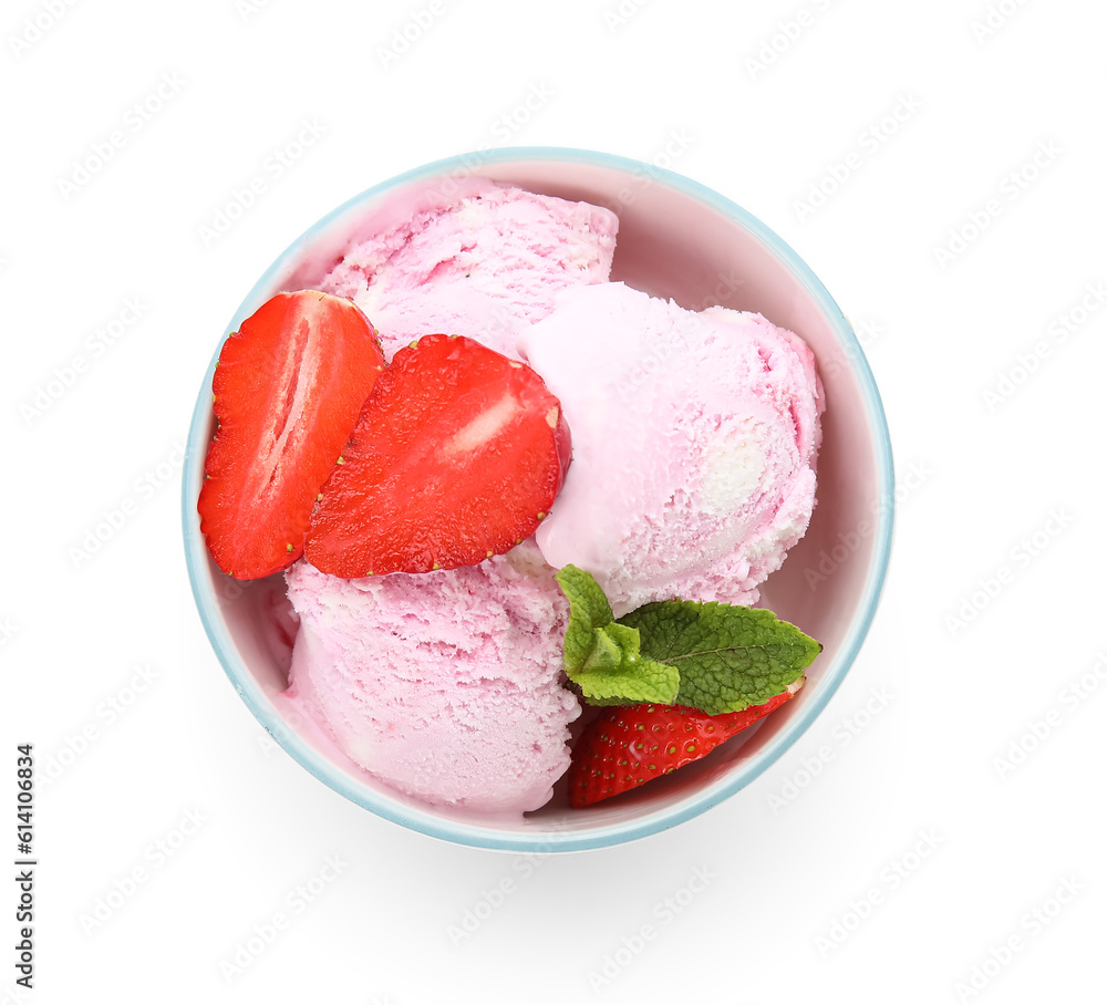 Bowl of delicious ice cream scoops with fresh strawberries and mint isolated on white background